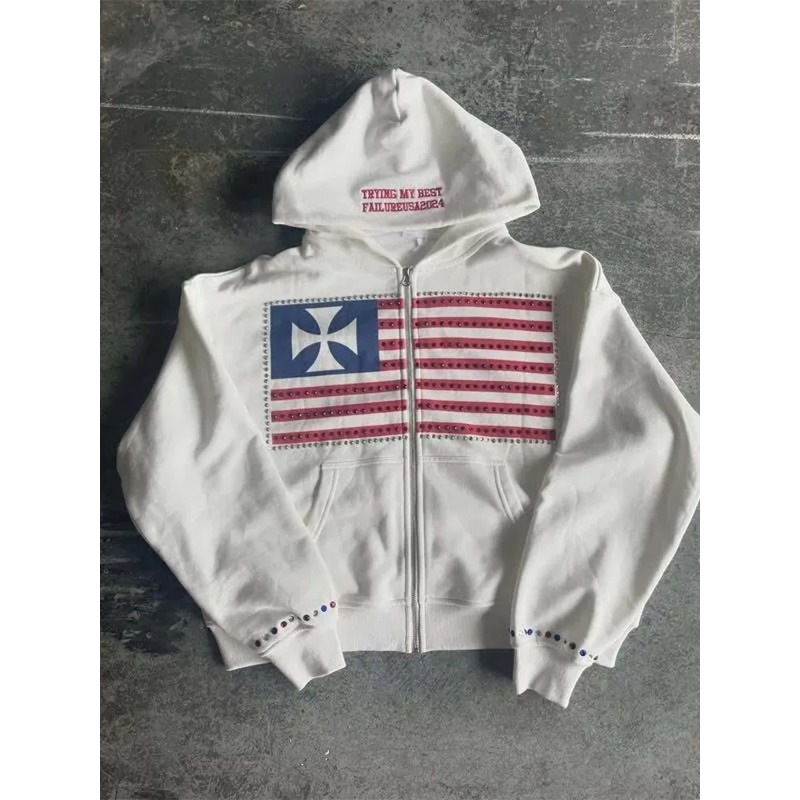 Autumn new national flag minimalist design color collision pattern men hooded sweatshirt Harajuku Y2k loose zipper sweatshirt