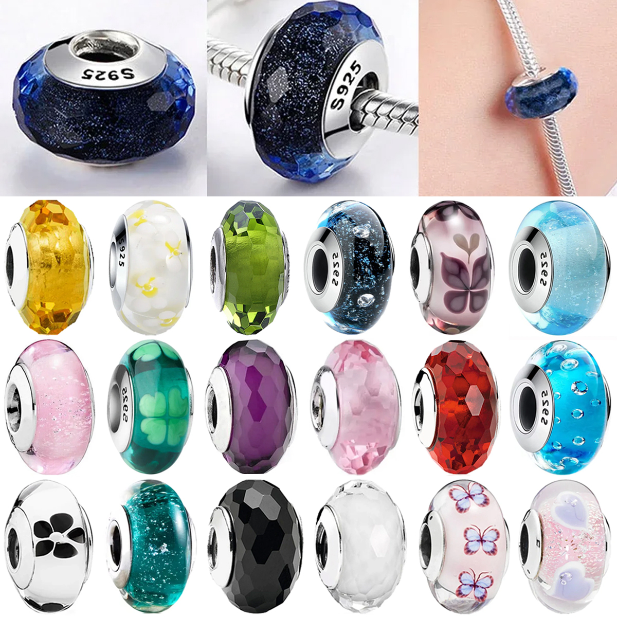 925 Silver Colorful Glass Beads Faceted Crystal Circle Transparent Pattern Handmade Charms DIY Bracelet Necklace Parts Fine Jew