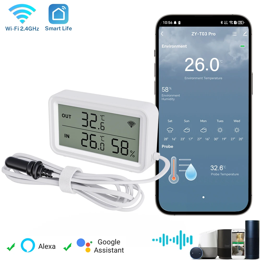 Tuya WiFi Zigbee Temperature Humidity Sensor Digital LCD Screen with External Probe WorkWith Yandex SmartLife Alexa