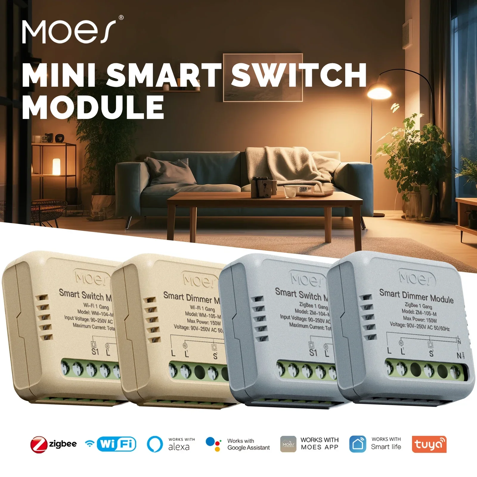 MOES Mini Tuya WiFi/Zigbee Smart Switch/Dimmer Module DIY Module Light Switch 1/2 Gang Remote Control Work Alexa Home lightify