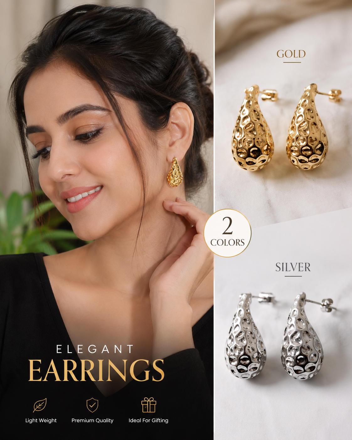 Women's Textured Double Hoop Drop Earrings - Lightweight Fashion Statement Earrings (Gold/Silver)