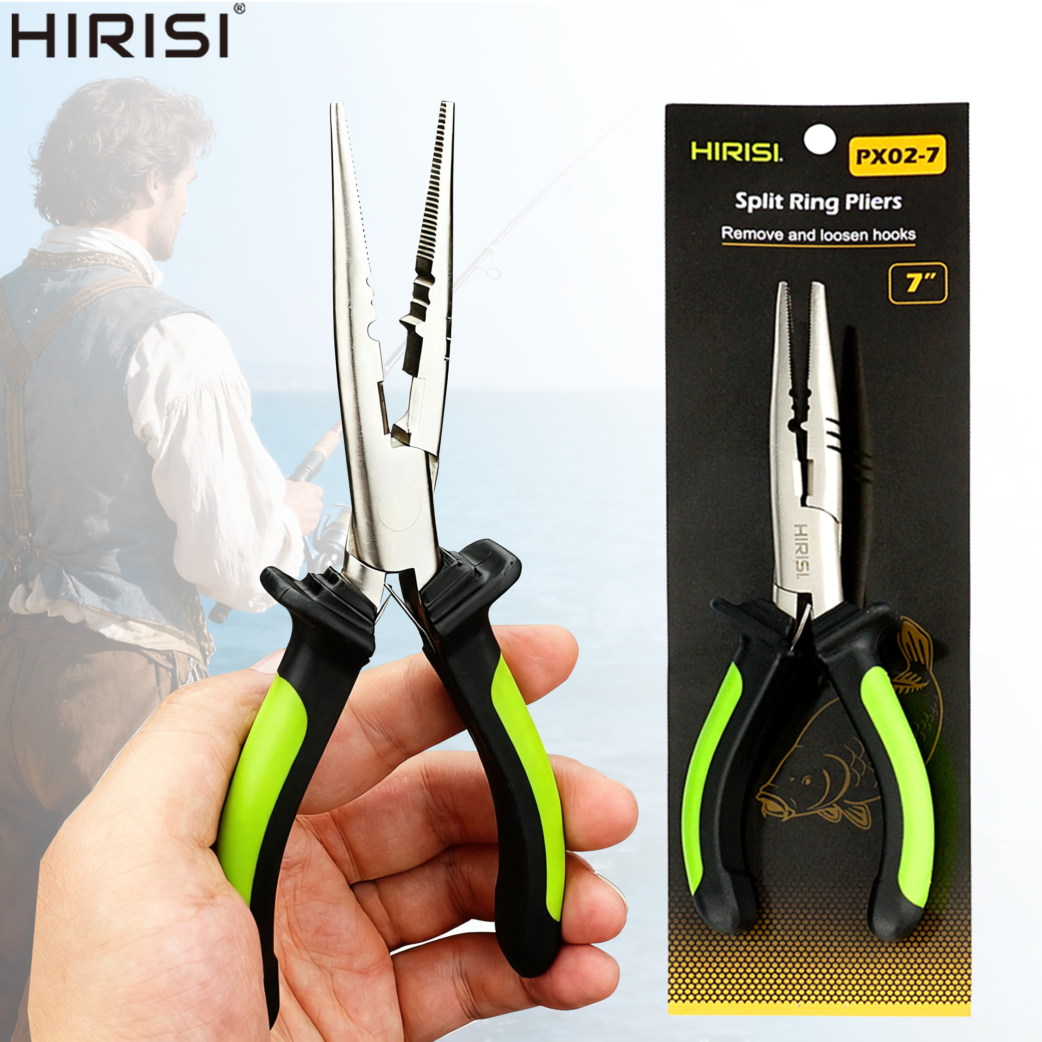 Hirisi PX02-7 Carp Fishing Pliers Multifunction High Carbon Steel Nose Hook Remover Open Split Ring Line Cutter Fishing Tools