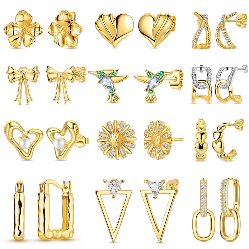 Original 925 Sterling Silver Stud Earrings Shining Gold Color Hummingbird Zircon Bow Hoop Earring for Women Fine Wedding Jewelry