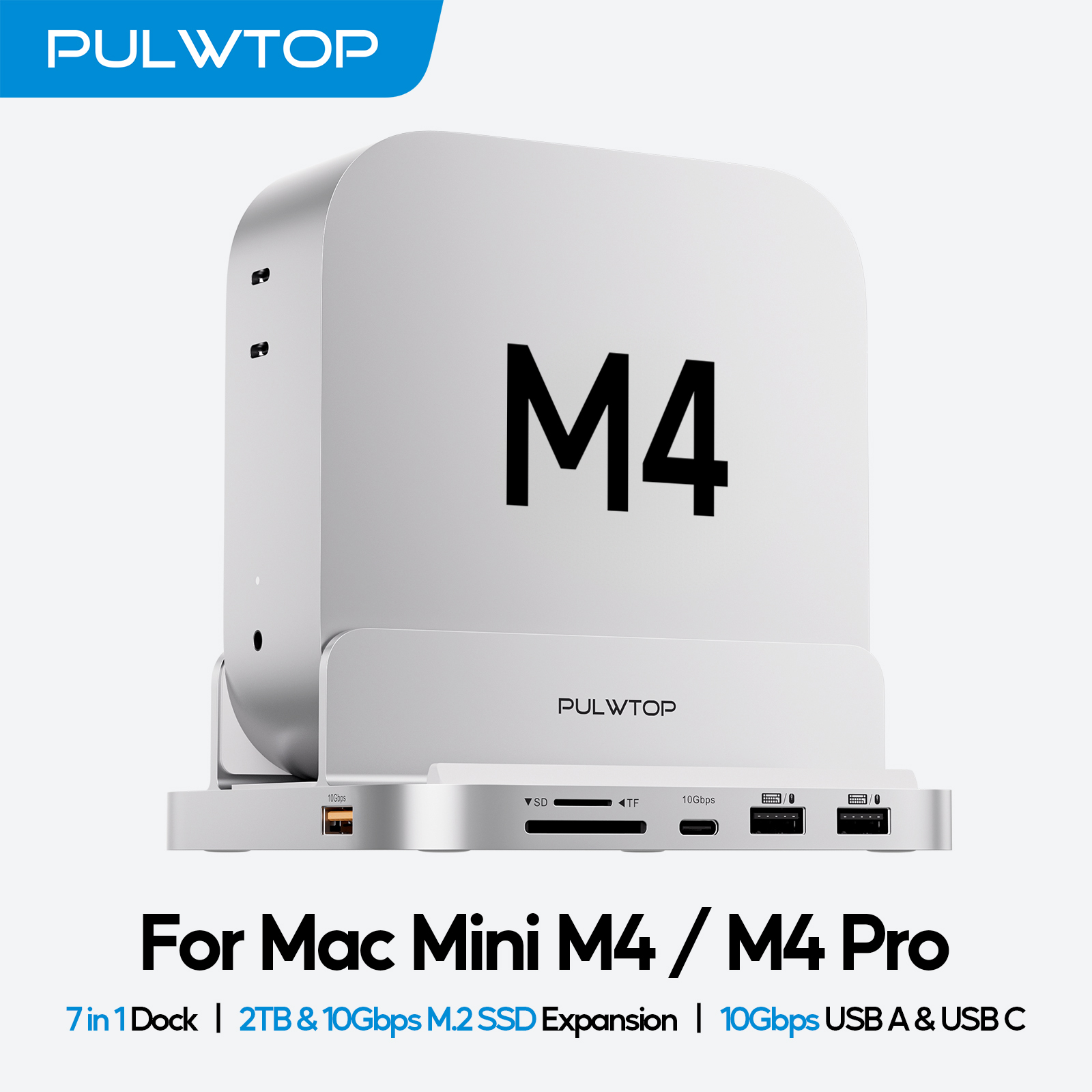 PULWTOP Mac Mini M4 Hub stand with 4TB SSD Enclosure for Mac Mini M4/M4 Pro, with USB A/C 3.2, Audio Mic, SD/TF
