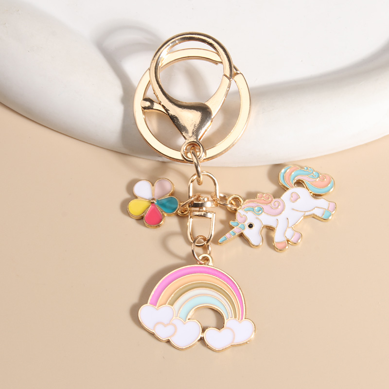 Cute Enamel Keychains Lovely Cartoon Rainbow Unicorn Flowers Friendship For Women Girls Handbag Jewelry