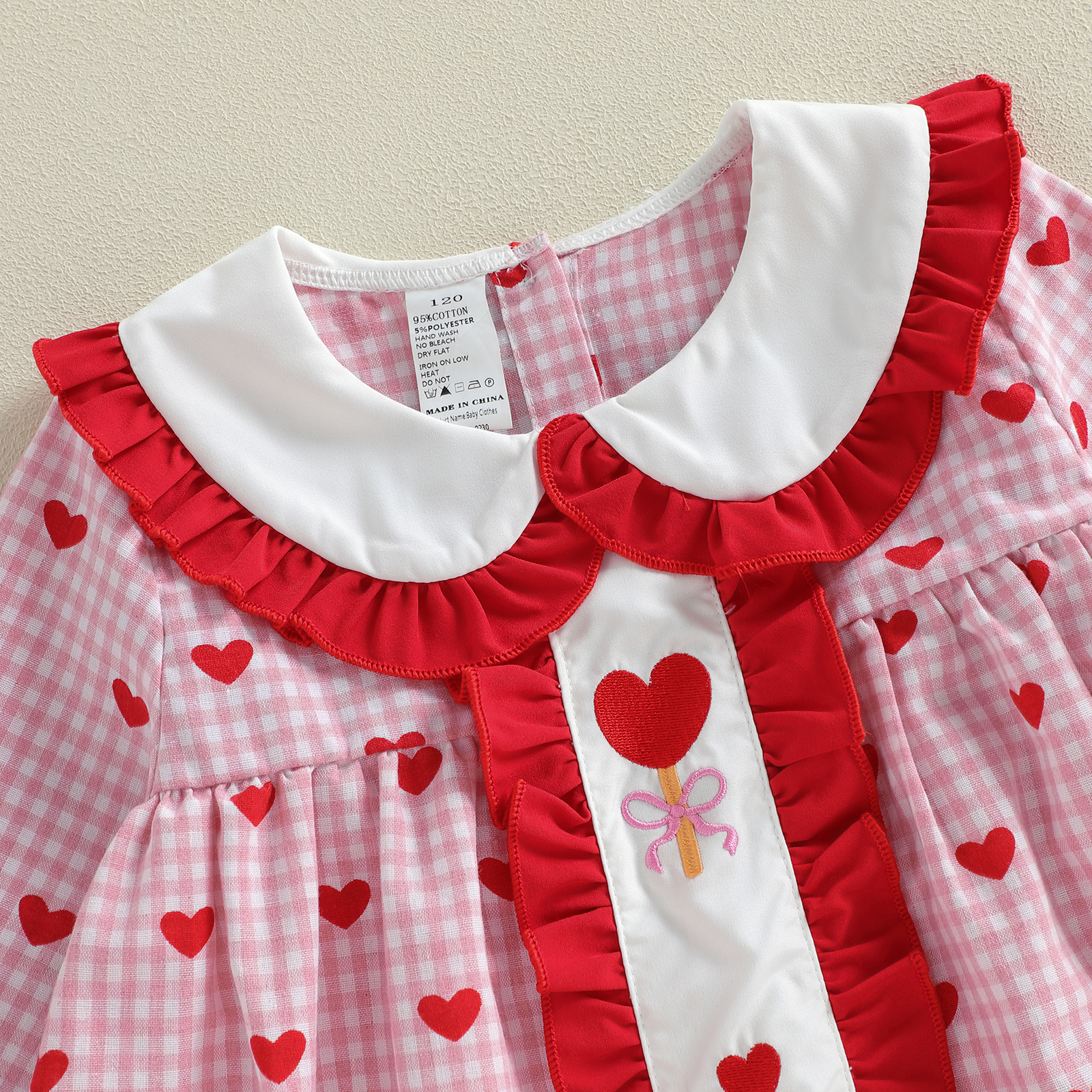 Toddler Girl Valentine's Day Dress Heart Plaid Print Long Sleeves Doll Collar A Line Dress