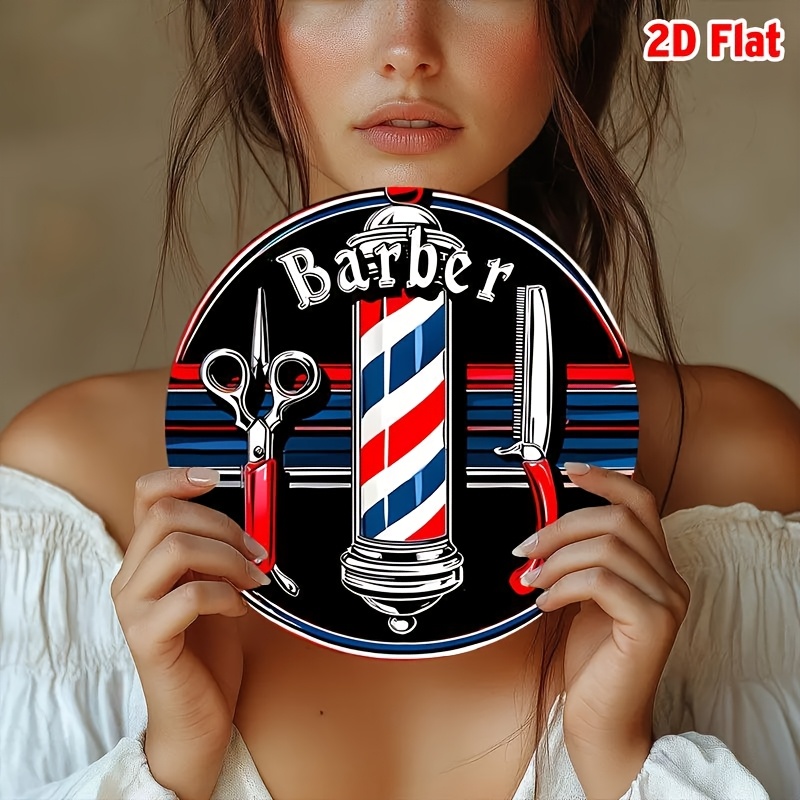 2D Flat, 1pc Vintage Barber Metal Wall Art Sign - Retro Red White & Blue Striped Pole with Scissors & Comb Design, Aluminum Roun