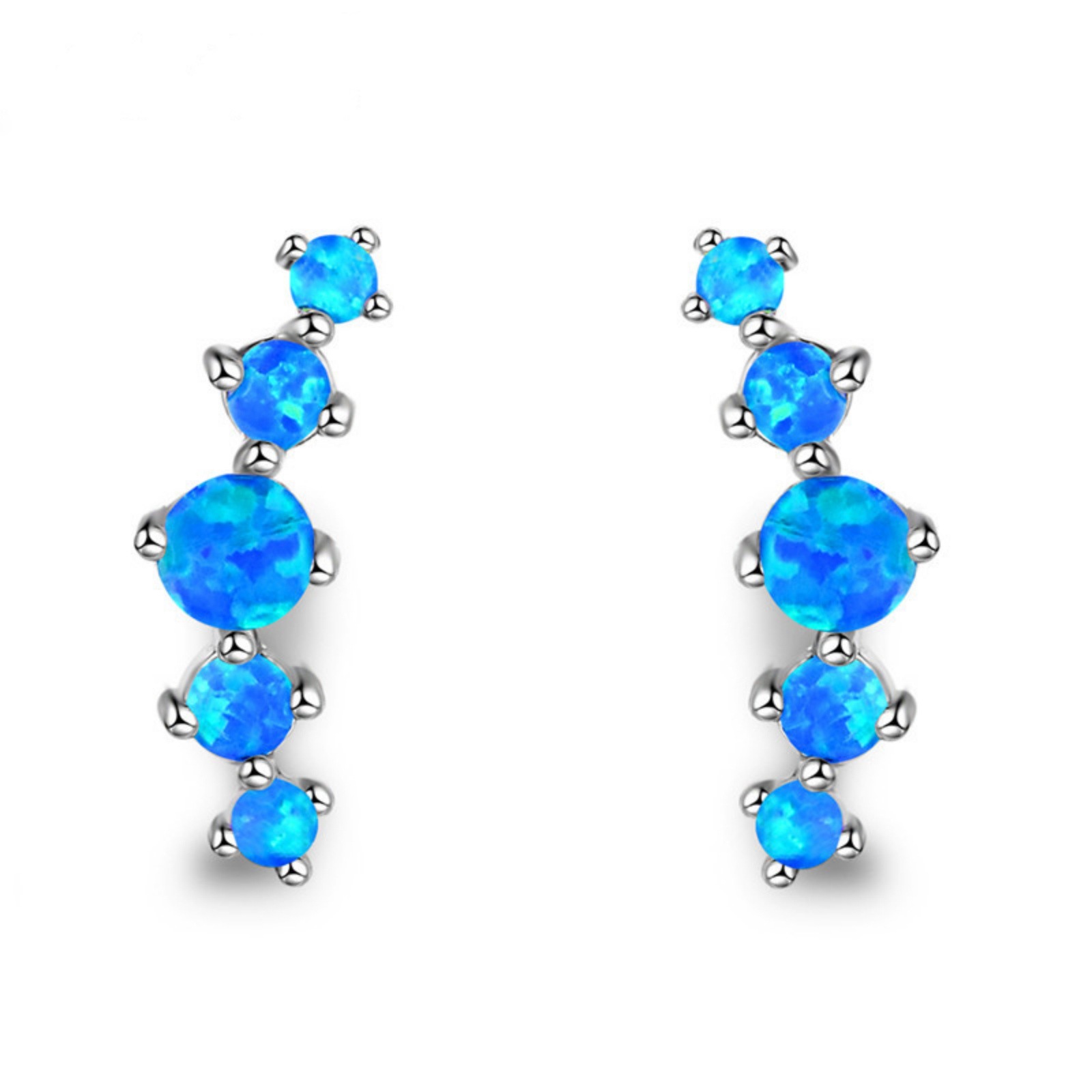 Blue Opal Climbing Ear Jackets,Gradient Round Stone Dangling Earrings for Women,Luxury White K Plated Ear Cuff Gift for Her