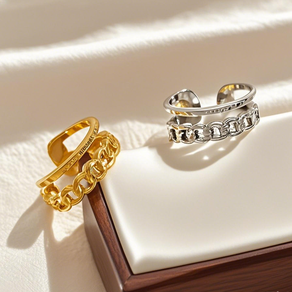 CARLIDANA New Arrival NO Fade Gold Plated Stainless steel Simple Chunky Chain Shaped Hollow Finger Rings For Women Men Jewelry