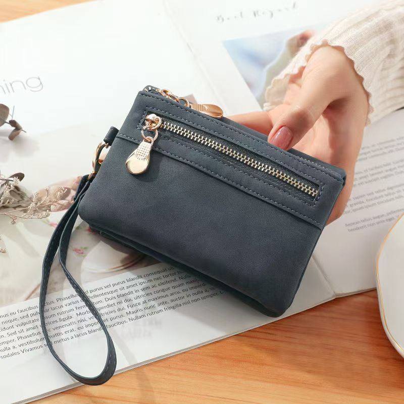 New purse for women short European and American vintage frosted double zipper multi-function folding can expand women's handbag