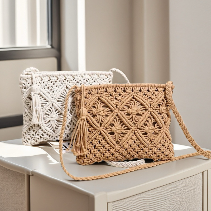 Shoulder Bag Bohemian Cotton Thread Woven Square Crossbody Bag Beach Bag Casual Travel Large Size Daily Match Polyester Lining