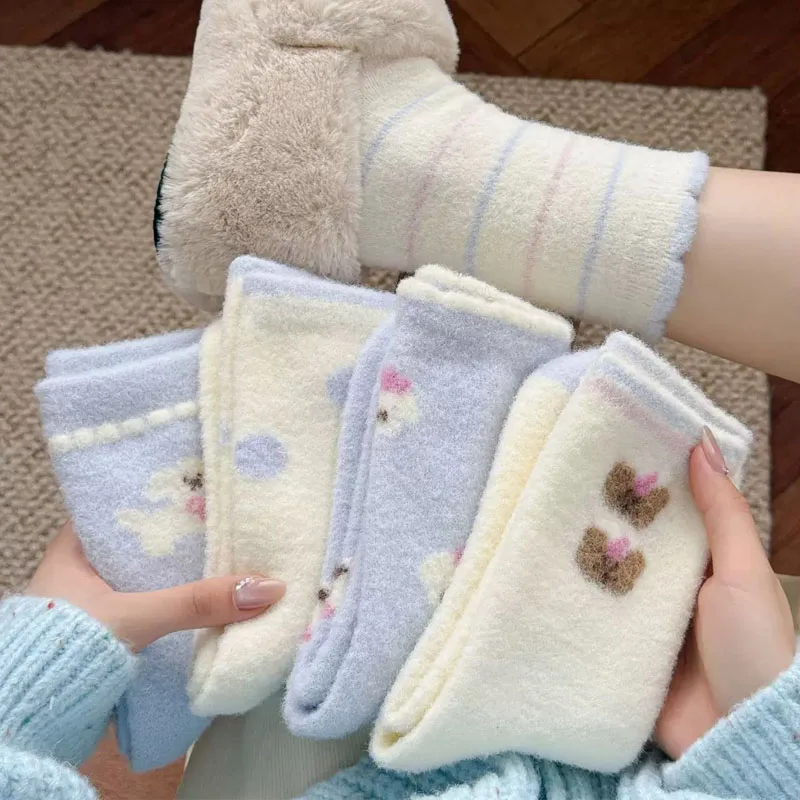 1/5 Pairs Blue Warm Cartoon Women Socks Cute Autumn Winter Plush Floor Thick Sleep Socks Middle Tube Socks