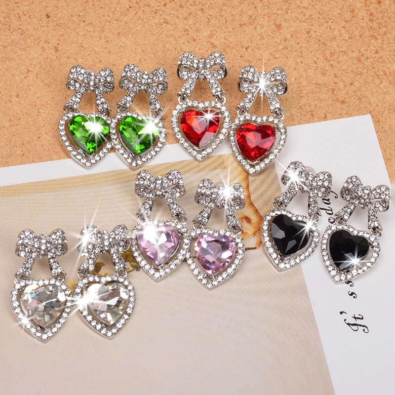 1 pair gorgeous pink heart cute bow drop earrings for women, wedding bridal jewelry, graduation season prom girls jewelry dinner
