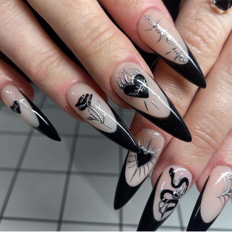 24 Pcs Fake Nails Gothic Almond Long Press On Nails Halloween Reusable False Nail Cool Rock Black Heart Wearing Nails For Girls