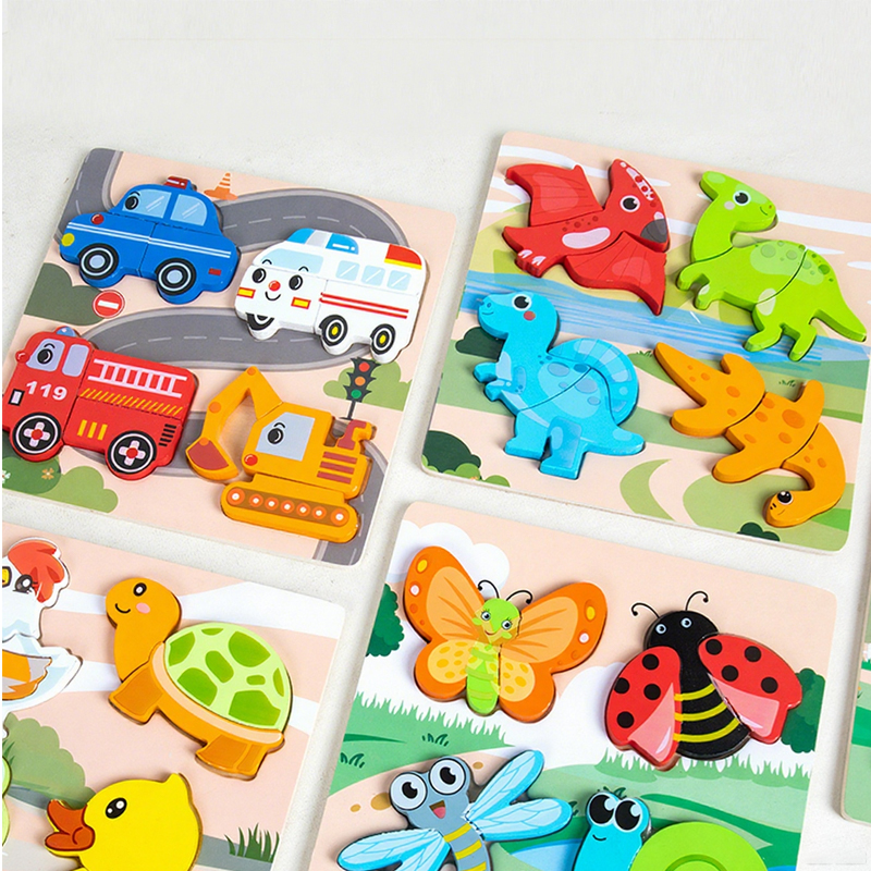 6 Wooden 3D Puzzles, Cartoons, Animals, Fruits, Dinosaurs, Early Education, Cognitive Learning, Puzzles, Hand-Eye Coordination