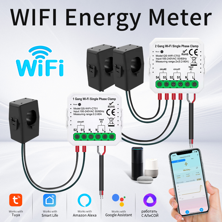 1CH 2CH Tuya WiFi Smart Energy Meter AC100-240V Current Transformer Clamp APP Control 80A Power Monitor Electricity Statistics
