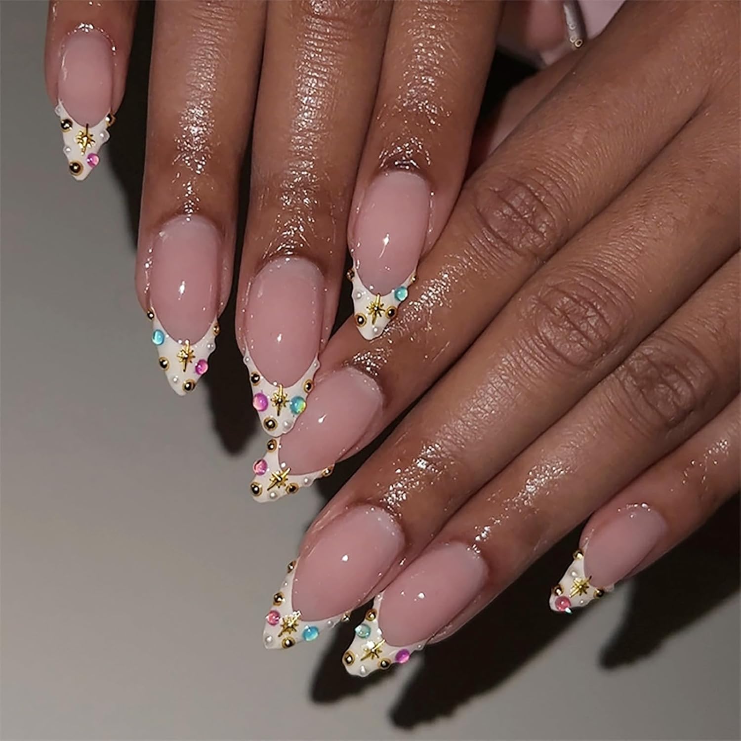 24Pcs Kawaii Star Mermaid Pearl French Fake Nail Y2K Candy Color Almond Press On Nails Ins Style Wearable Full False Fingertips