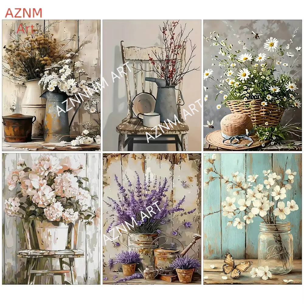 Oil Painting By Numbers Flower Chair Coloring By Numbers Vase Digital Painting Daisy Canvas Handpainted Coloring DIY Kit Gift