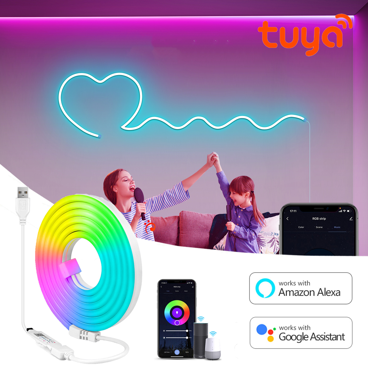 Smart Tuya Neon Strip WIFI/Bluetooth 2 Version APP Control 5V USB Ports RGB Neon Sign Waterproof DIY Room Wall Atmosphere Lamp