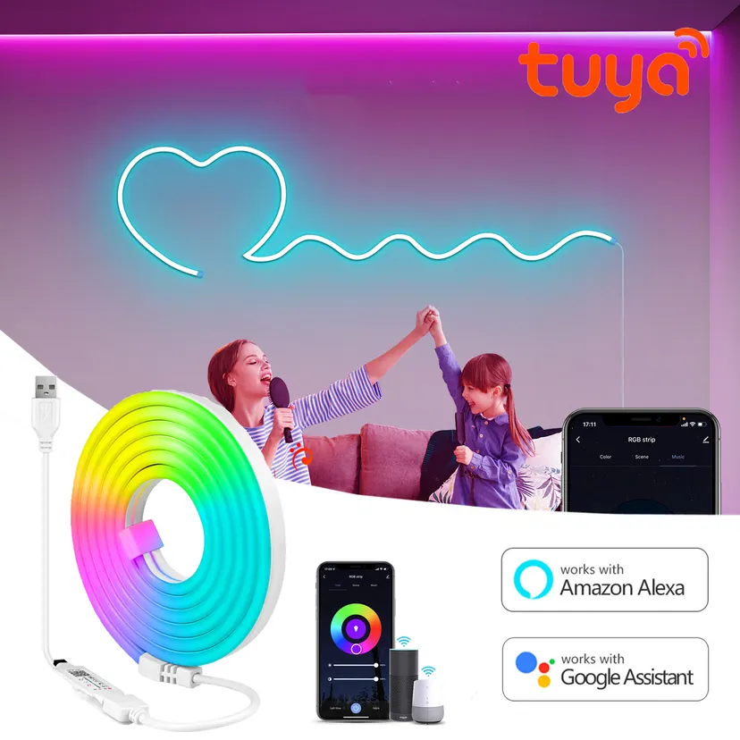 Smart Tuya Neon Strip WIFI/Bluetooth 2 Version APP Control 5V USB Ports RGB Neon Sign Waterproof DIY Room Wall Atmosphere Lamp