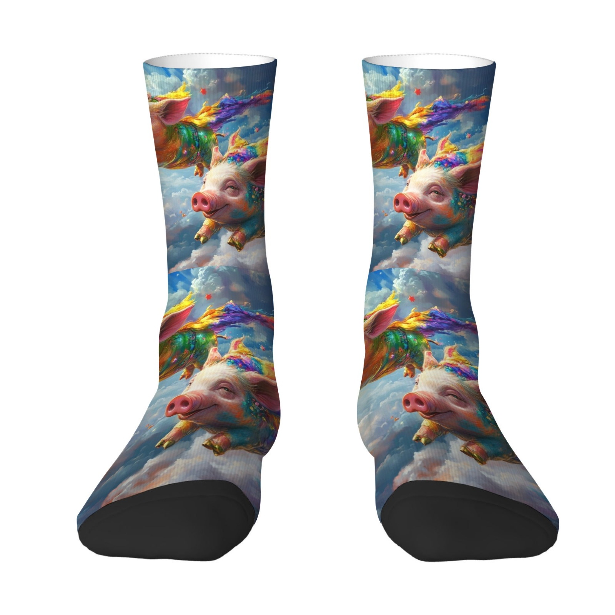 Vibrant and Colorful Flying Rainbow Pig Print Mid-calf Socks Oil Painting Style Unique Quirky Durable Breathable and Non-slip