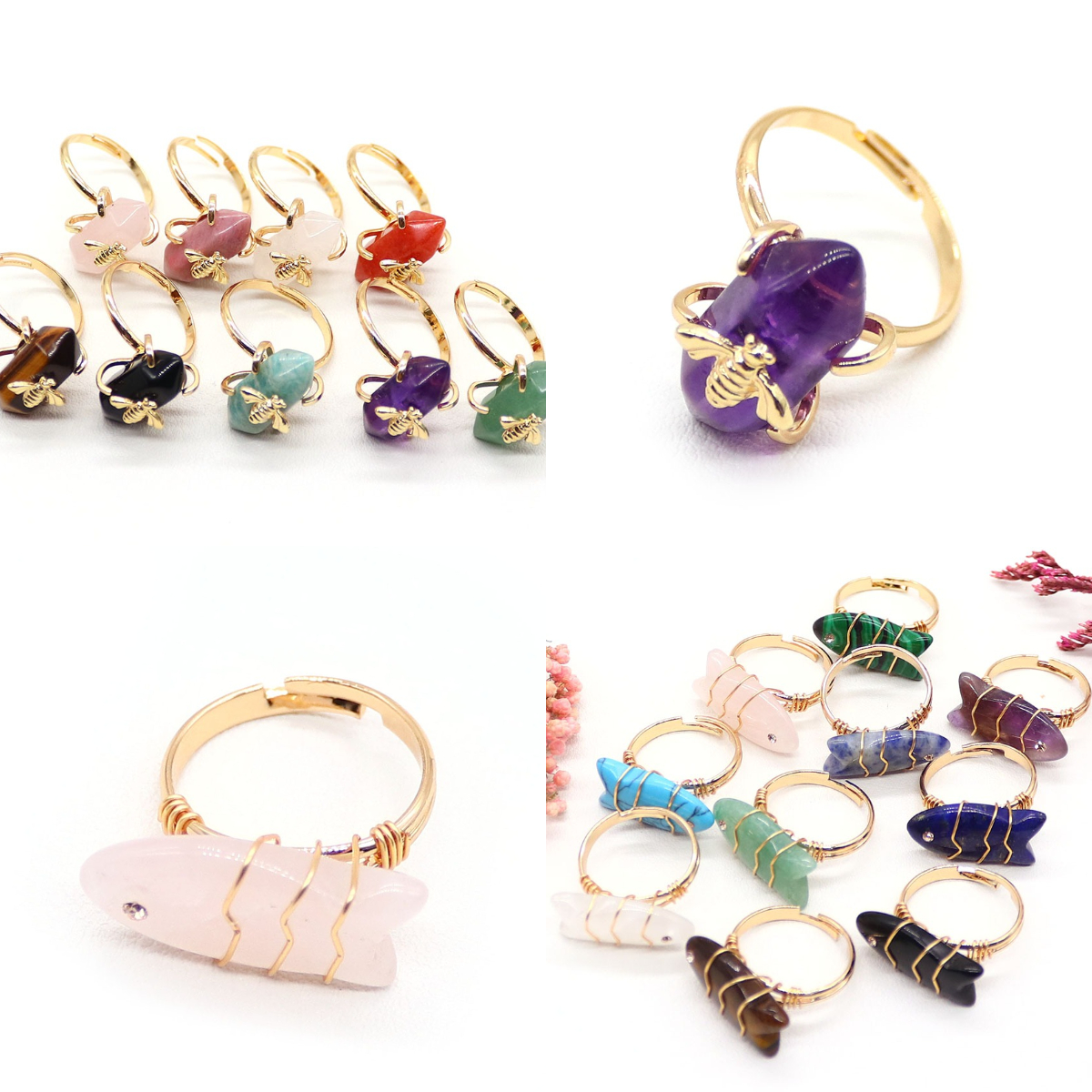 Natural Stone Fish Crystal Rings Gold Color Hand Woven Quartzs Carved Bees Hexagonal Columns Pointed Finger Ring Couple Jewelry