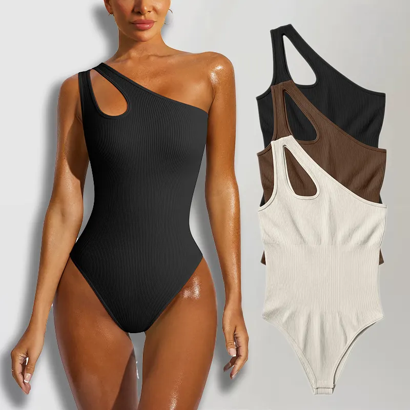 Seamless Bodysuit for Women Tummy Control Tops Cutout Sleeveless Bodysuit Thong Sculpting One-shoulder Versatile Bodysuits