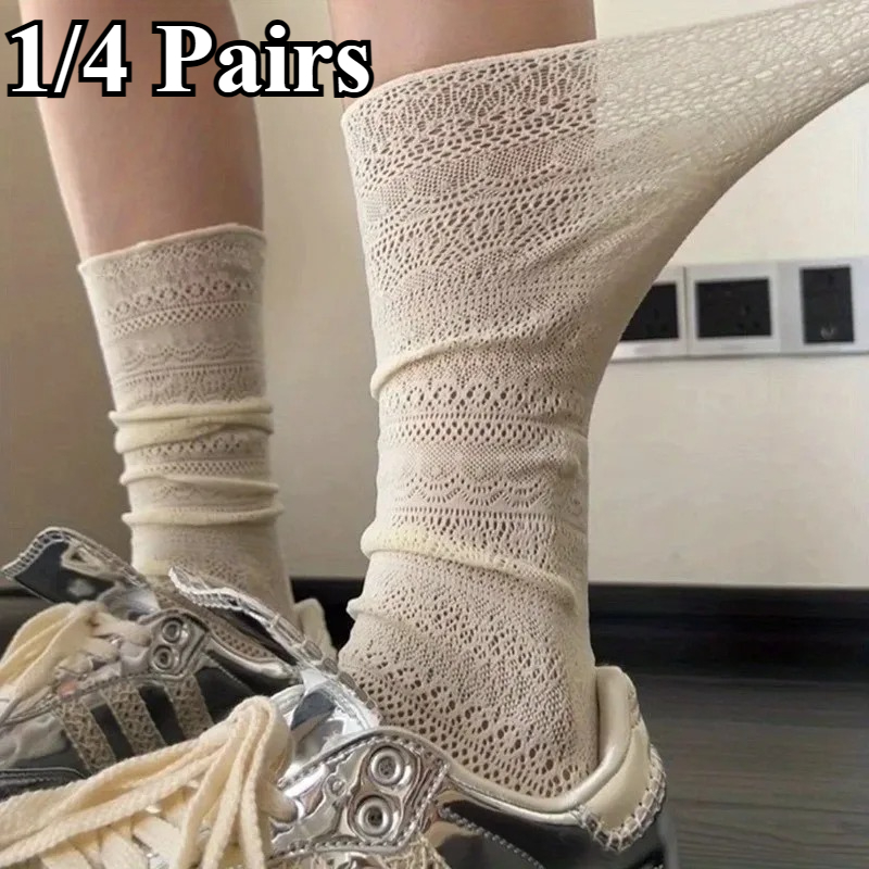 1/4 Pairs Women Lace Trimmed Socks Lolita Sweet Mesh Hollowed Out Thin Nylon Lightweight Breathable Transparent Casual Socks