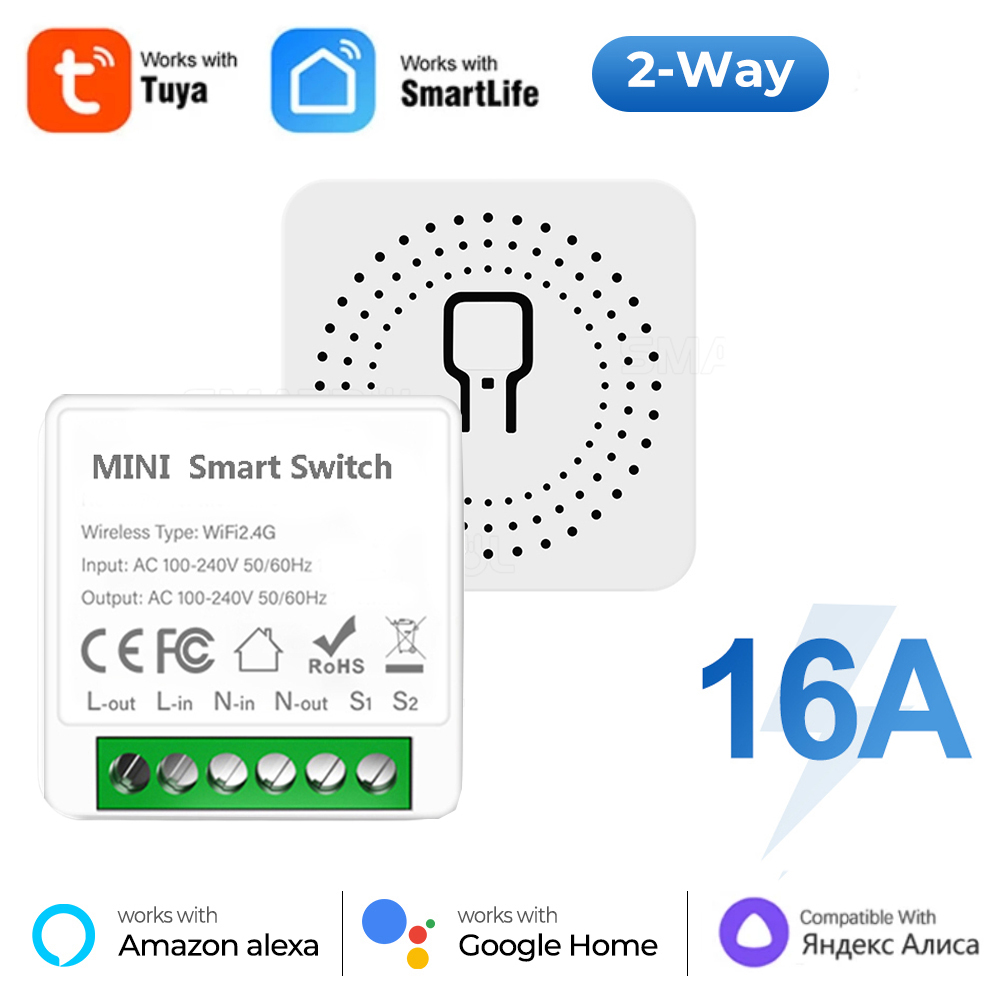 Tuya Mini WiFi Relay Smart Switch 16A 2-way Control Supports Alice, Alexa, Home Smart Life Applications