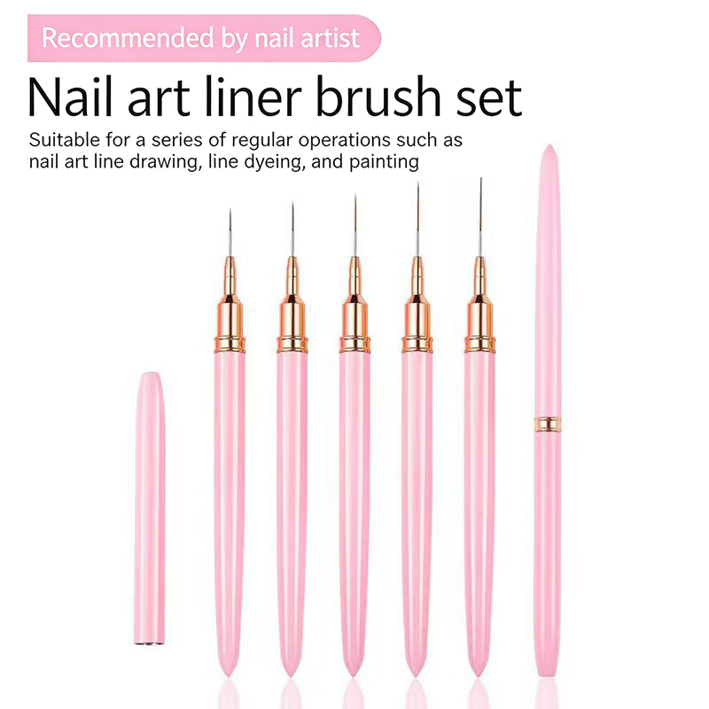 5Pcs Ultra-fine Nail Art Liner Brush Set Pink/Black Metal Handle Needle-tip for Line Dyeing Painting Flower Manicure Tools