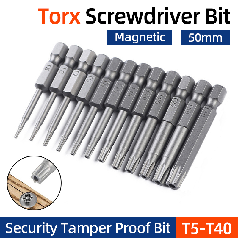 50mm Magnetic Torx Screwdriver Bit Set S2 1/4'' Hex Shank Hollow Hole T5-T40 Security Bits Electric Drill Driver Hand Tools