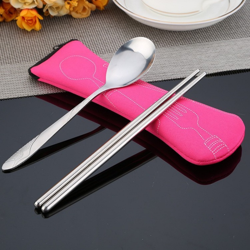 1Pc Portable Stainless Steel Cutlery Storage Bag with Chopstick Compartment for School Work Outdoor Picnic