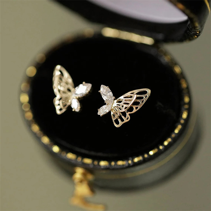 Huitan Fresh Gold Color Butterfly Stud Earrings Women Fancy Matched Earrings with Dazzling CZ Stone Aesthetic Female Jewelry New