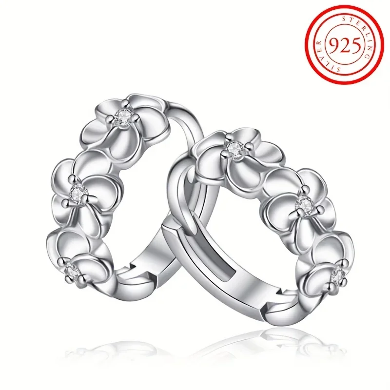 925 Sterling Silver Exquisite Camellia Pattern Hoop Earrings Cute Elegant Style Delicate For Women Girls Daily Casual