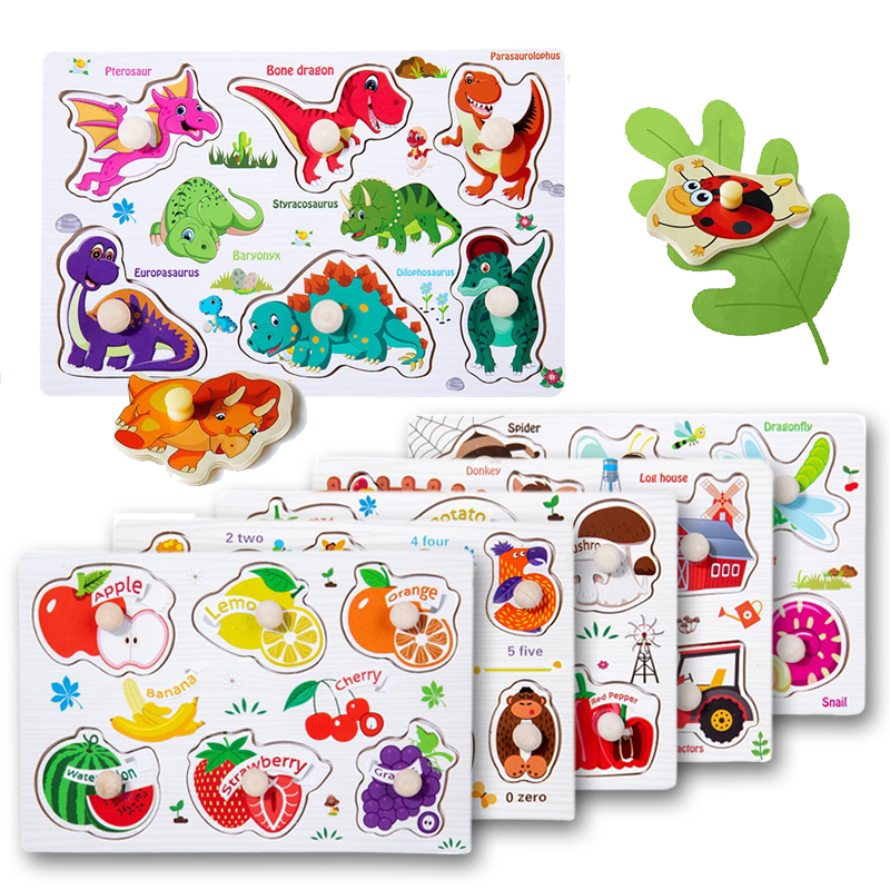 1pc ﻿﻿Wooden Hand Grab Boards Montessori Educational Cartoon Vehicle Animals Fruits 3D Puzzles Kids Early Education Toys TMZ