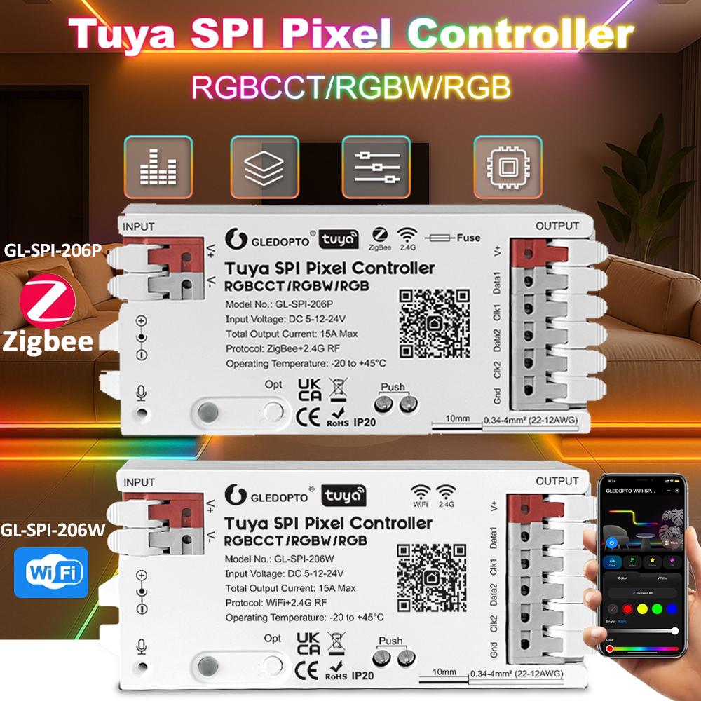Tuya SPI Pixel LED Controller RGBCCT RGBW RGB Dynamic Light Music Sync WiFi / ZigBee Smart Life Assistant Alexa Yandex