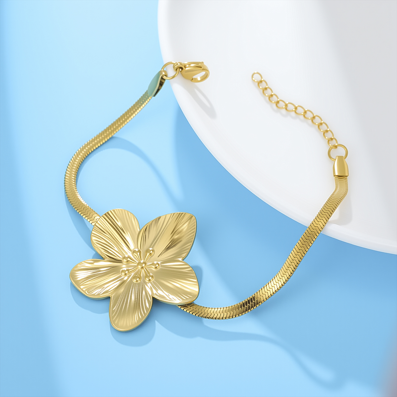 Skyrim Big Flower Charm Bracelets Stainless Steel Gold Color Snake Chain Bracelet Women Fashion Floral Jewelry Wholesale