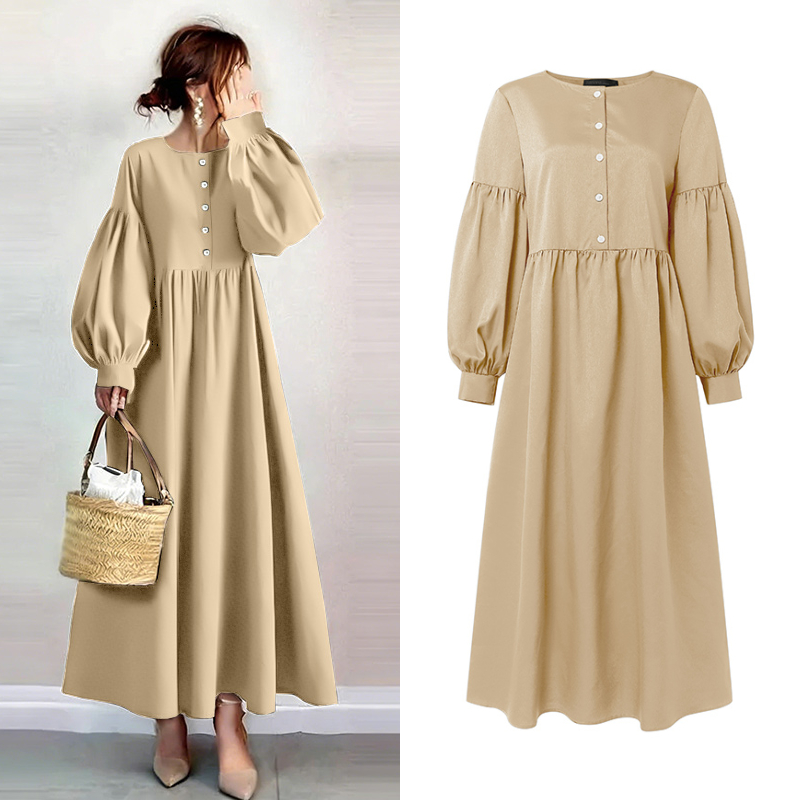 Summer Women's Long Dresses Mori Girl O-Neck Lantern Sleeves Half-Button Solid A-Line Maxi Dress ZANZEA Retro Casual Robes Femme