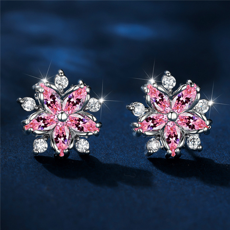 Luxury Female Red Stone Flower Stud Earrings Silver Color Zircon Wedding Jewelry For Women