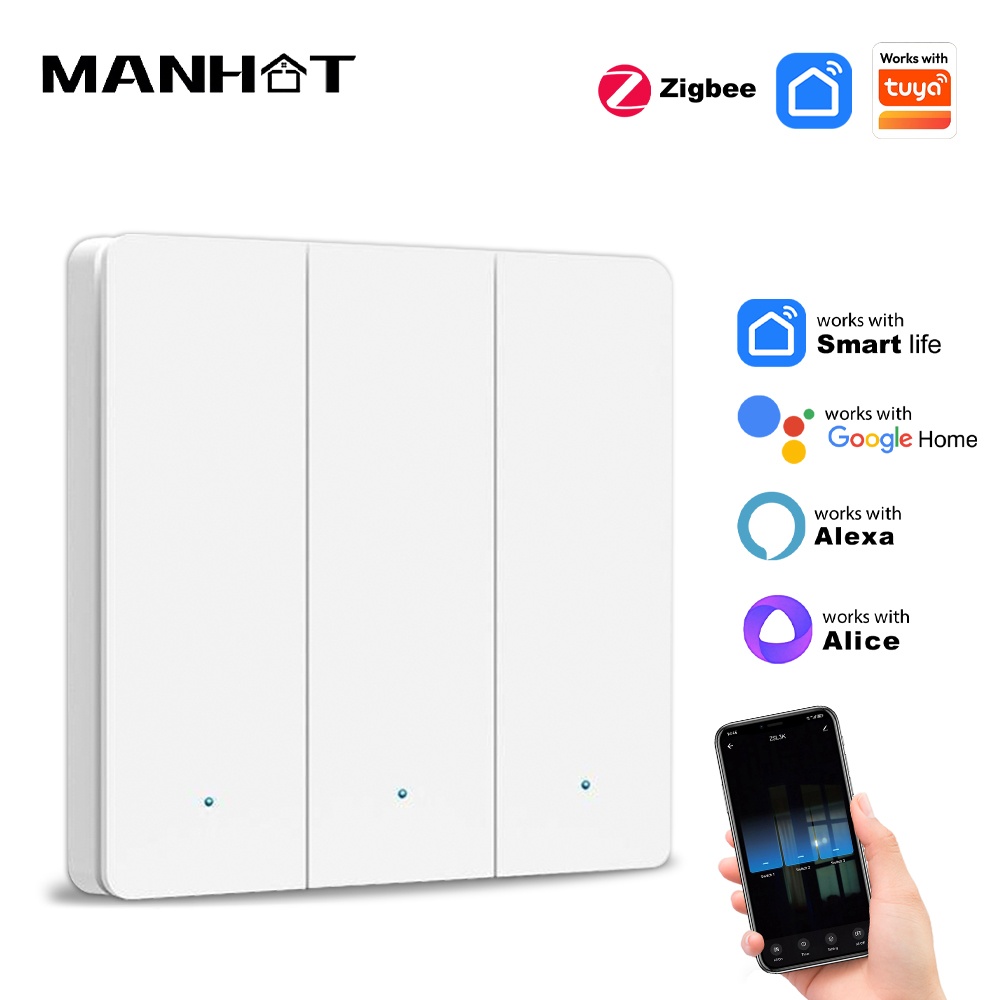 Manhot Smart EU Zigbee Button Switch No Capacitor Wire Required 1/2/3Gang Wall Light Switch Work With Tuya Alexa Home