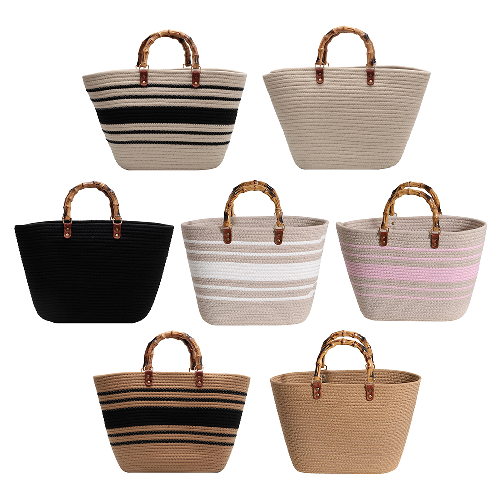 Ladies Woven Tote Bamboo Handle Women Weaving Bag Large Capacity Striped Portable Casual Fashion Exquisite for Seaside Party