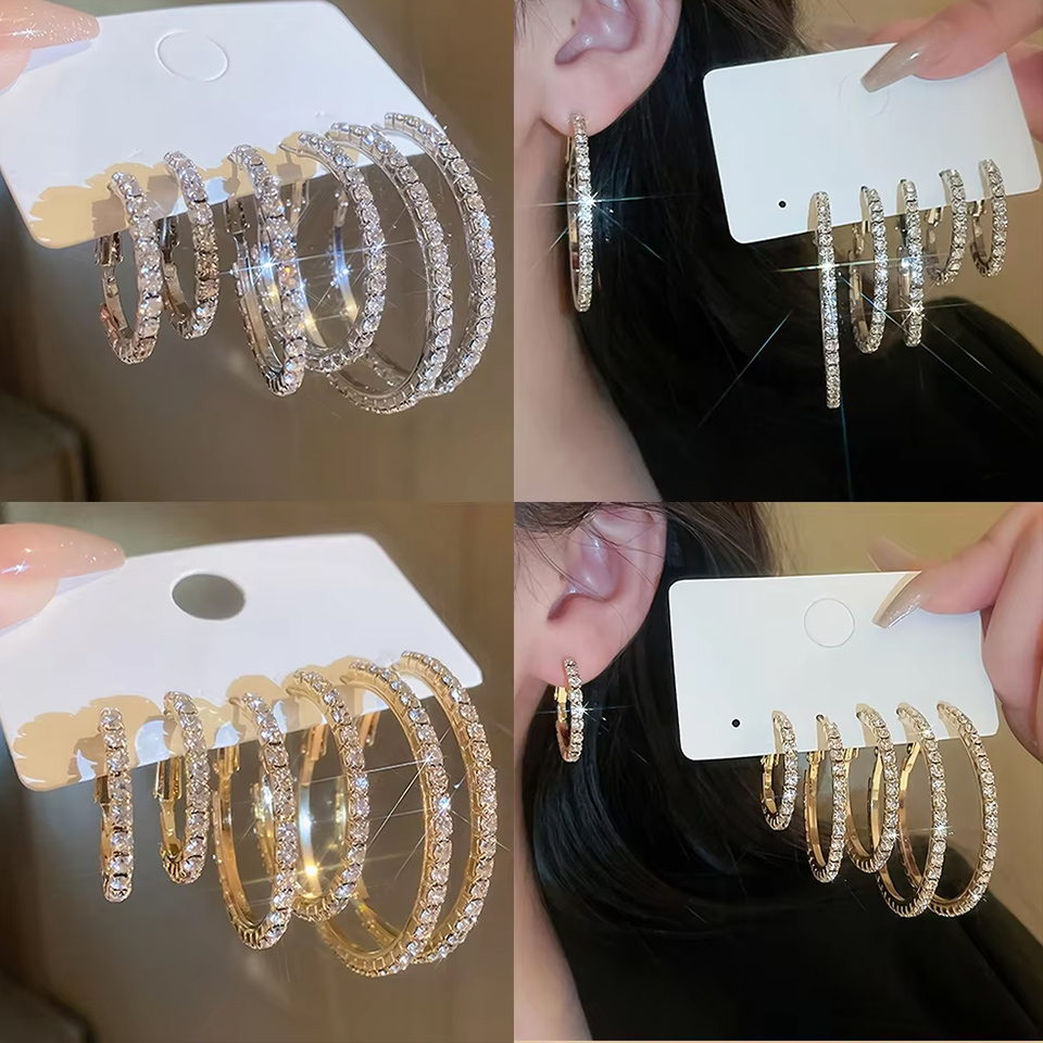 3 Pairs Full Shiny Rhinestone Hoop Earrings Different Size Gold/Silver Color Ins Earrings For Women Simple Luxury Jewelry