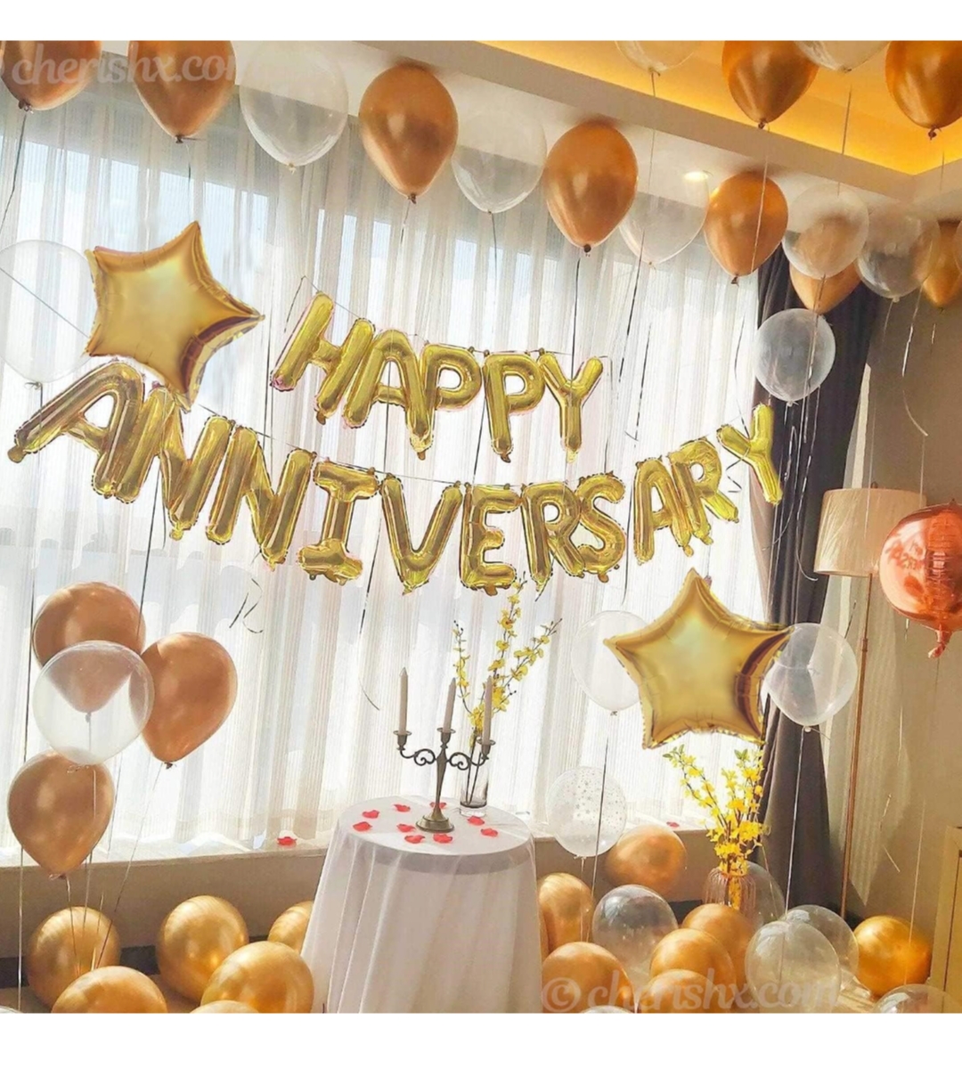 Golden & White Anniversary Decoration Items for Room - Pack of 43 Pcs - Happy Anniversary Foil, Star Foil, Curtain & Metallic Balloon Decoration for Anniversary Husband, Mom, Dad