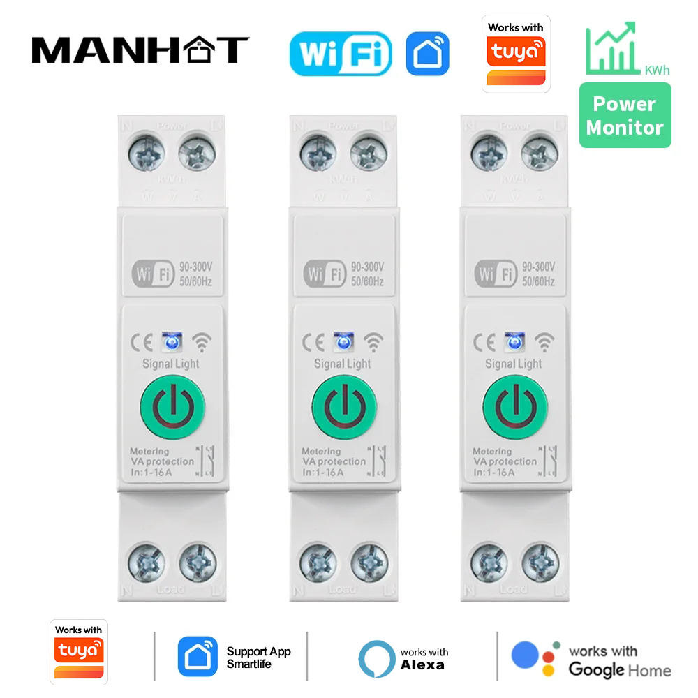 Manhot WIFI Smart Circuit Breaker 1P 16A Power Metering Energy Meter KWh Work With Tuya APP Remote Switch Voltage Current Protec