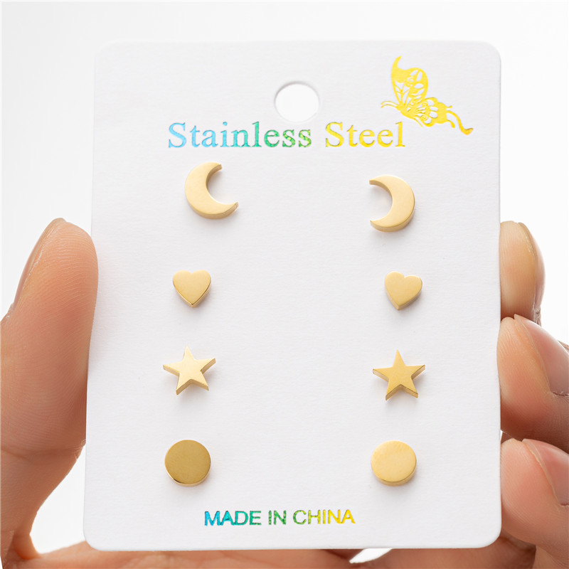 4Pairs/Lot Small Geometric Stainless Steel Stud Earrings for Women Men Daily Jewelry Round Heart Star Earings Korean Pendientes pen gpt