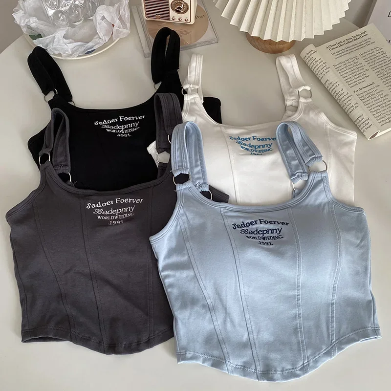 Women Summer Tops Camisole Square Collar Tank Top Y2k Slveless Female Crop Tops With Pad Fashion Vest Embroidery Letter