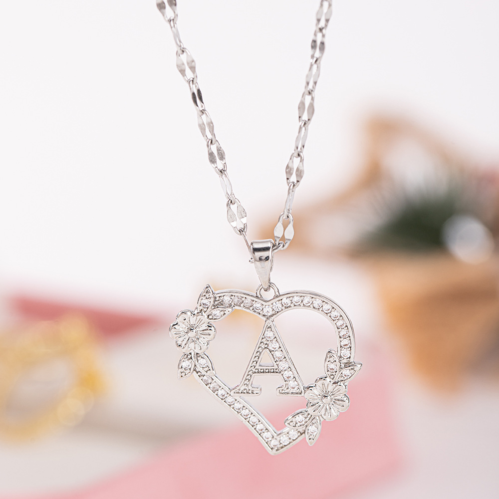 Romantic Flower Love Heart Pendant 26 Letter A-Z Necklaces For Women Trendy Silver Color Chain Wedding Jewelry Mother's Day