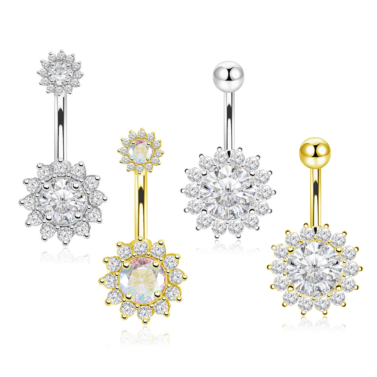 New 14G 1.6x10mm Curved Bar Sunflower Navel Piercing Ombligo White AB Zircon Belly Button Rings Surgical Steel Belly Piercing