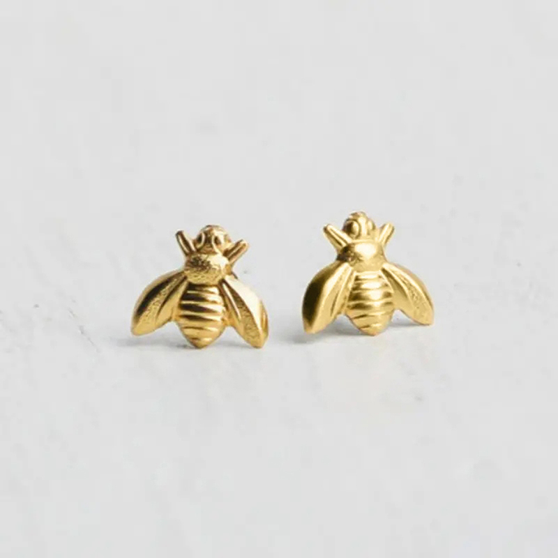 Huitan Dainty Bee Stud Earrings for Women 4 Metal Colors Simple Stylish Ear Piercing Earrings Fancy Statement Jewelry