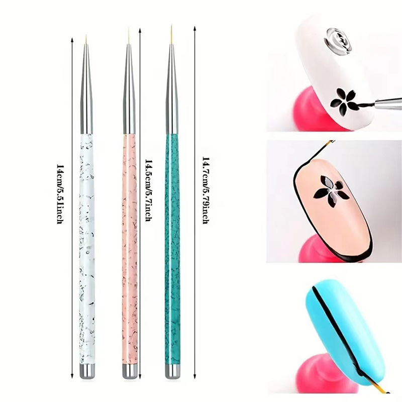 3Pcs Nail Art Liner Brushes Set Marble Pattern Handle Ultra Fine Tip for Flower Drawing Carving Manicure Tools